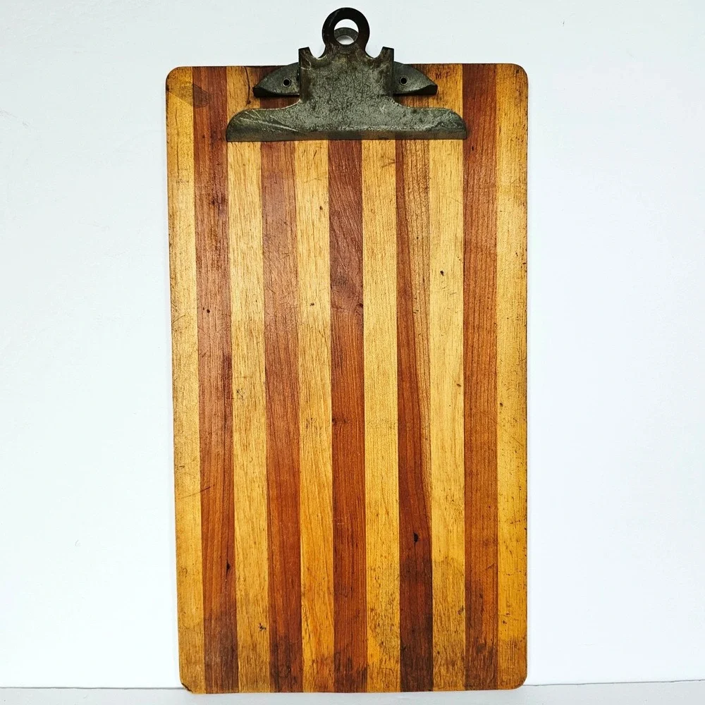 Vintage Wooden Clipboard Vertical Striped Pattern Industrial Metal Clip Rustic